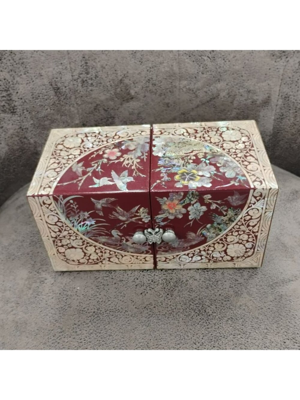 Vintage Korean Mother of Pearl Jewelry Box Red Lacquerware Folding 4 Drawer